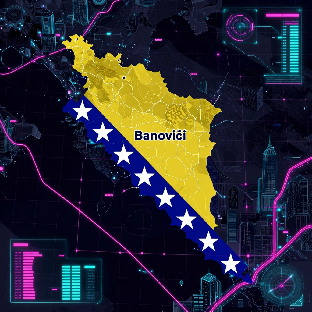 Cyberpunk style digital map of Banovići, Bosnia and Herzegovina with neon grid lines and futuristic UI design
