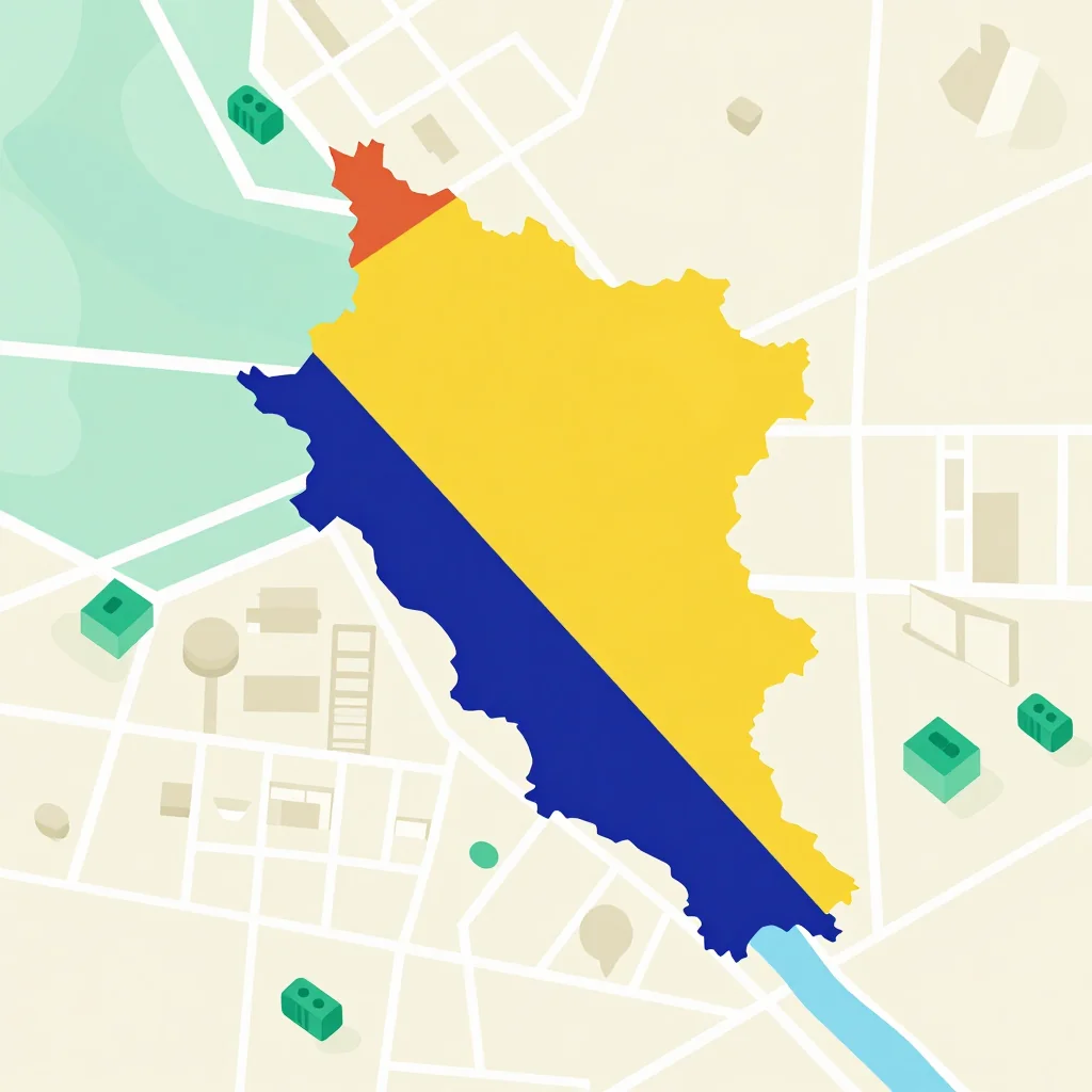 Isometric flat design tourist map of Banovići, Bosnia and Herzegovina showing landmarks, attractions, and points of interest