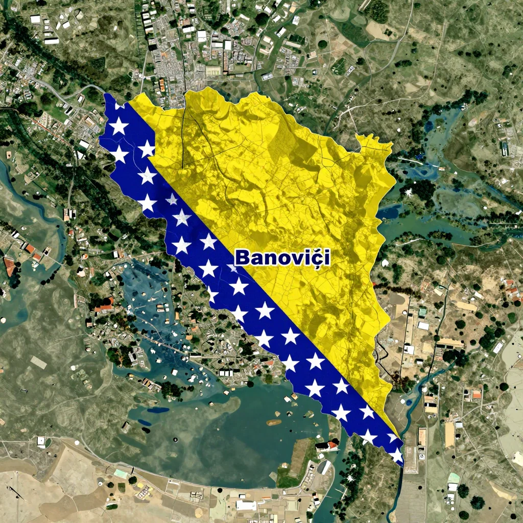 High-resolution satellite image of Banovići, Bosnia and Herzegovina showing land cover, urban areas, and natural features from space