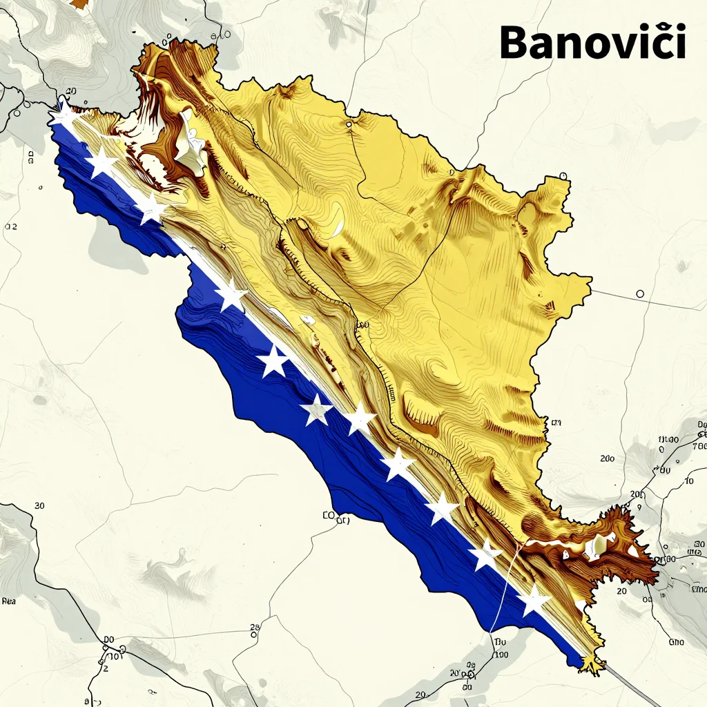 3D topographic map showing elevation contours, mountain ranges, and terrain features of Banovići, Bosnia and Herzegovina