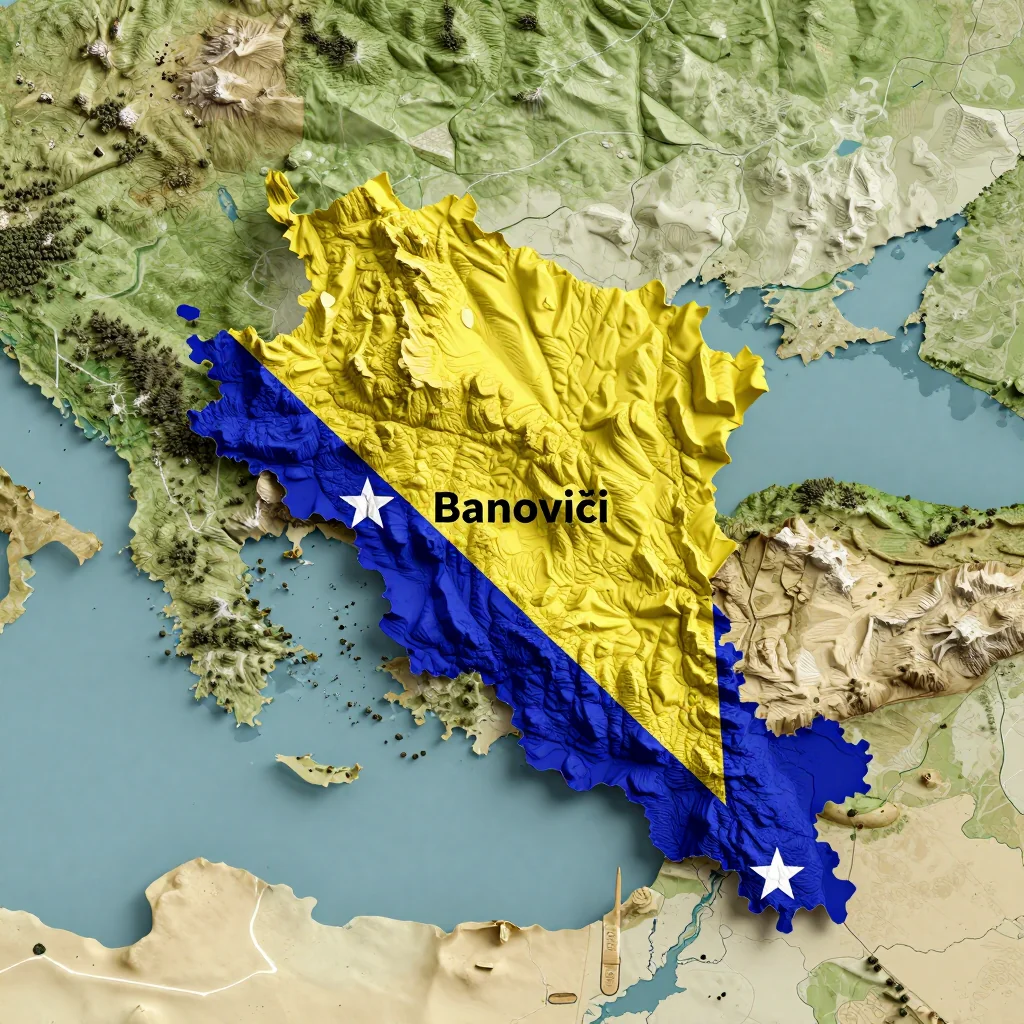 Isometric 3D topographic visualization showing elevation and terrain of Banovići, Bosnia and Herzegovina