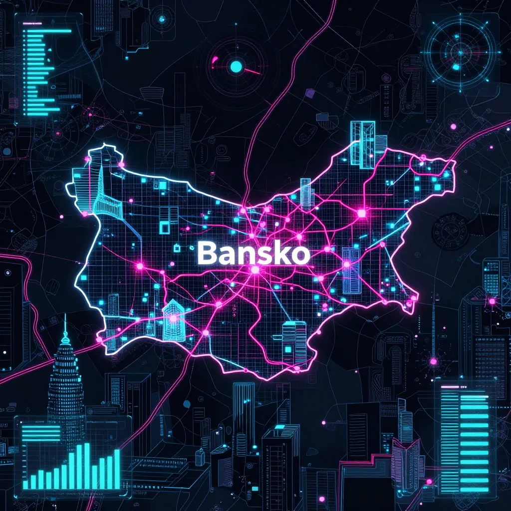 Cyberpunk style digital map of Bansko, Bulgaria with neon grid lines and futuristic UI design