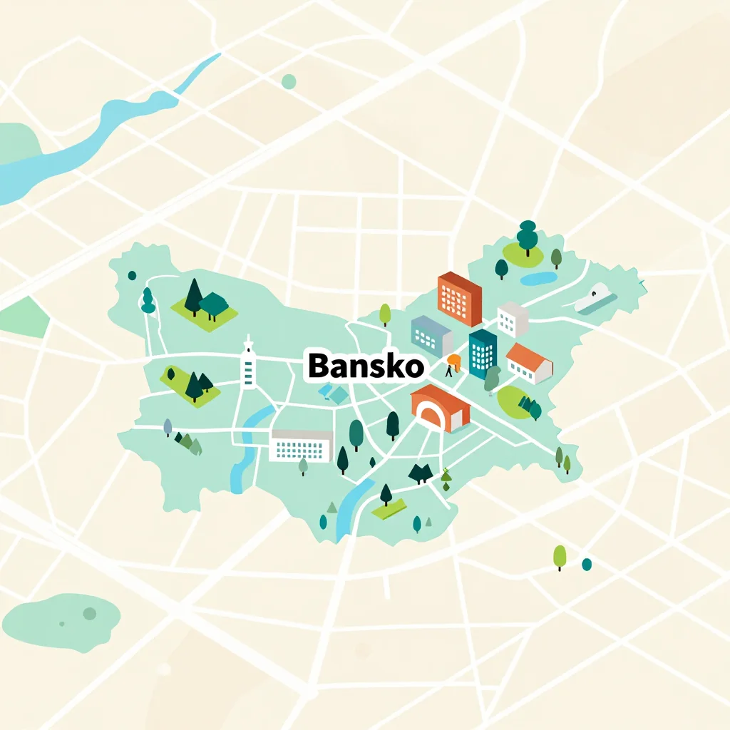 Isometric flat design tourist map of Bansko, Bulgaria showing landmarks, attractions, and points of interest