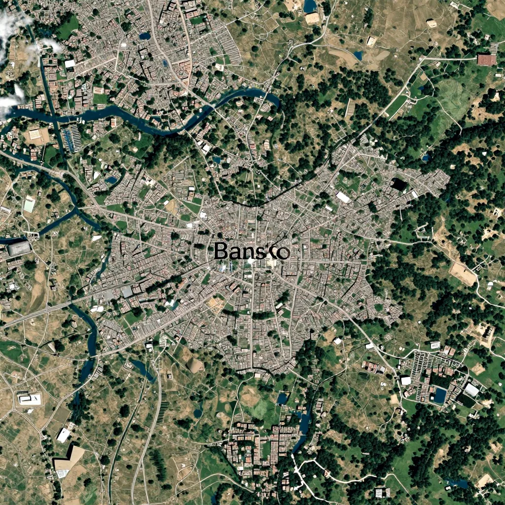 High-resolution satellite image of Bansko, Bulgaria showing land cover, urban areas, and natural features from space