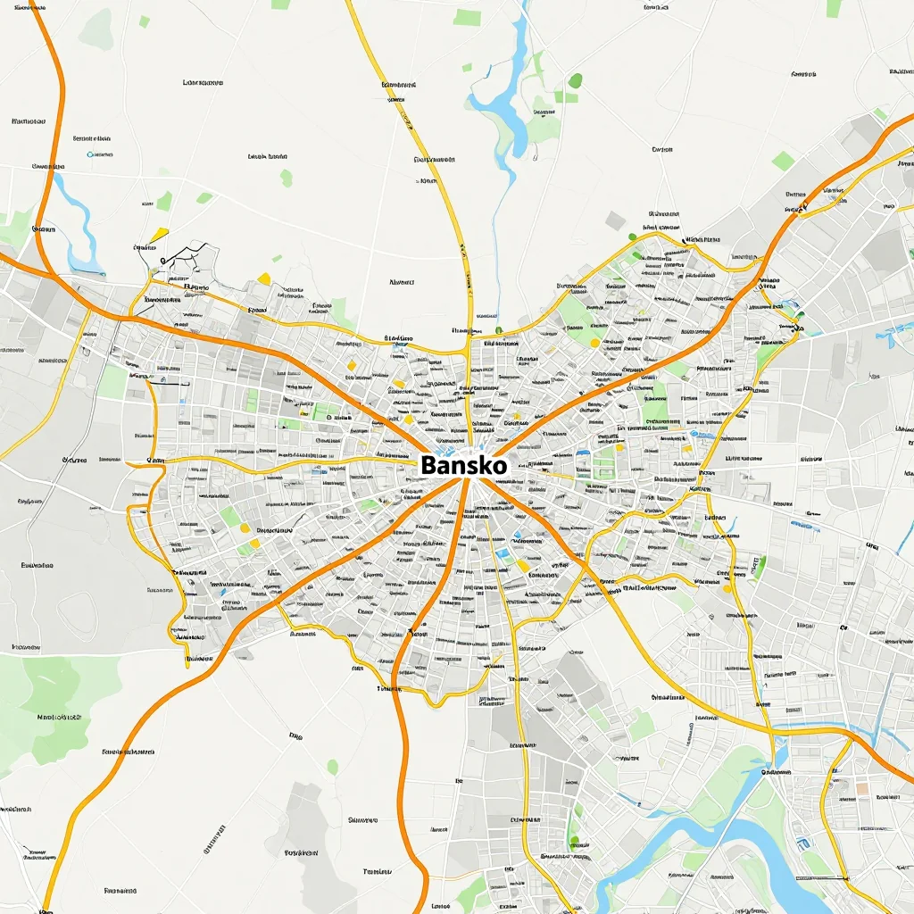 Detailed street map showing roads, highways, neighborhoods, and urban layout of Bansko, Bulgaria
