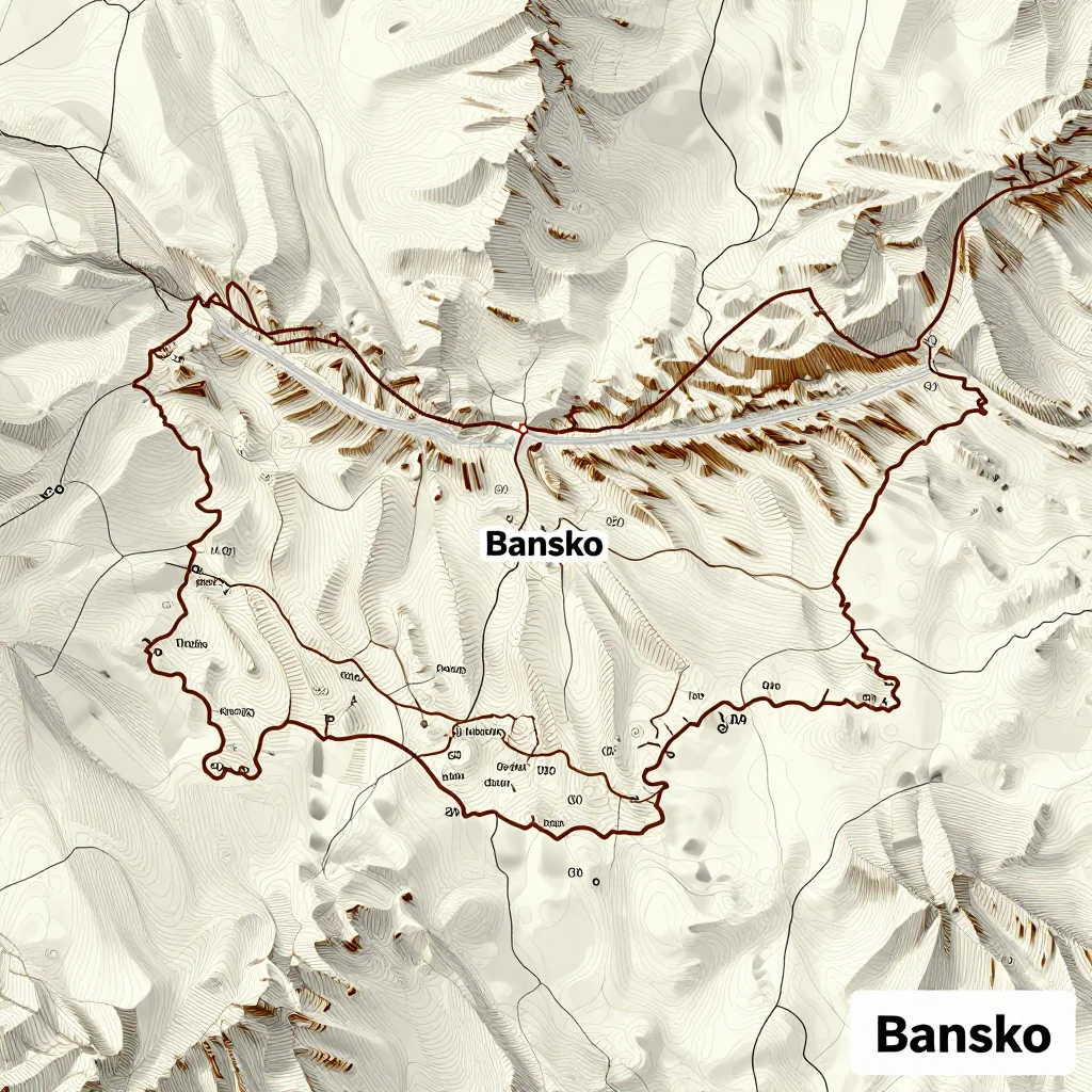 3D topographic map showing elevation contours, mountain ranges, and terrain features of Bansko, Bulgaria