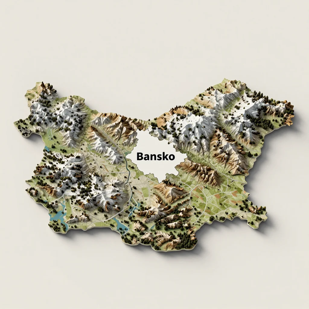 Isometric 3D topographic visualization showing elevation and terrain of Bansko, Bulgaria