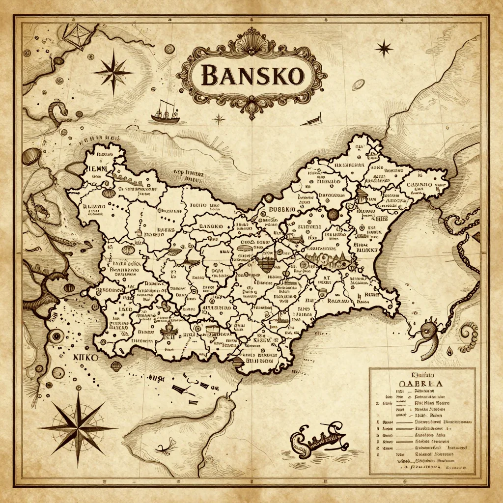 Antique vintage map of Bansko, Bulgaria showing historical cartography style