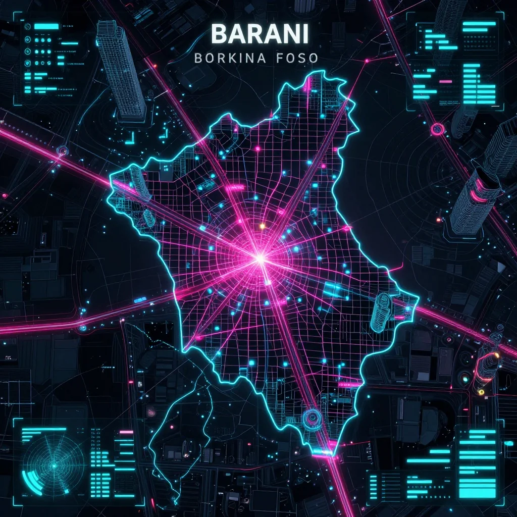 Cyberpunk style digital map of Barani, Burkina Faso with neon grid lines and futuristic UI design