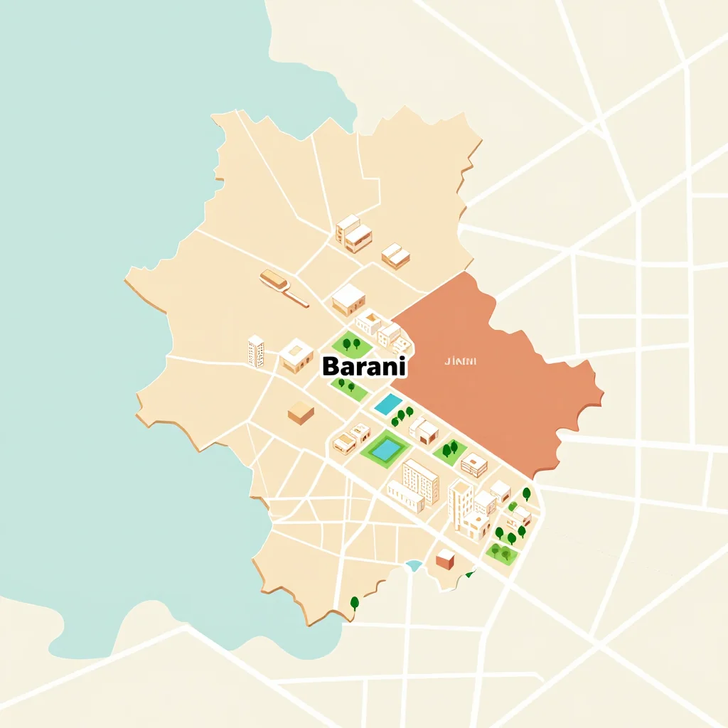 Isometric flat design tourist map of Barani, Burkina Faso showing landmarks, attractions, and points of interest