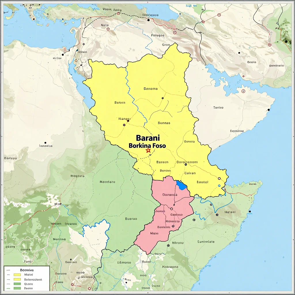 Political map showing borders, administrative divisions, major cities, and capital of Barani, Burkina Faso