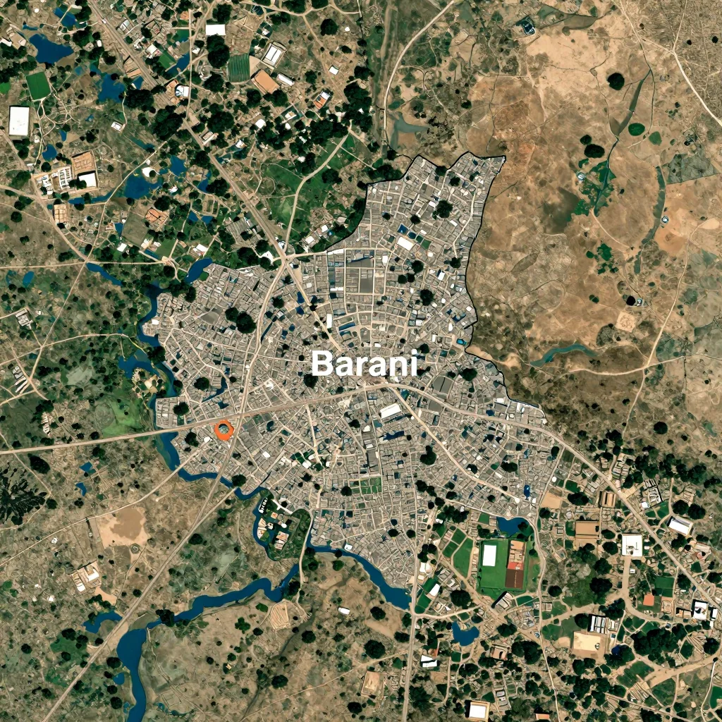High-resolution satellite image of Barani, Burkina Faso showing land cover, urban areas, and natural features from space