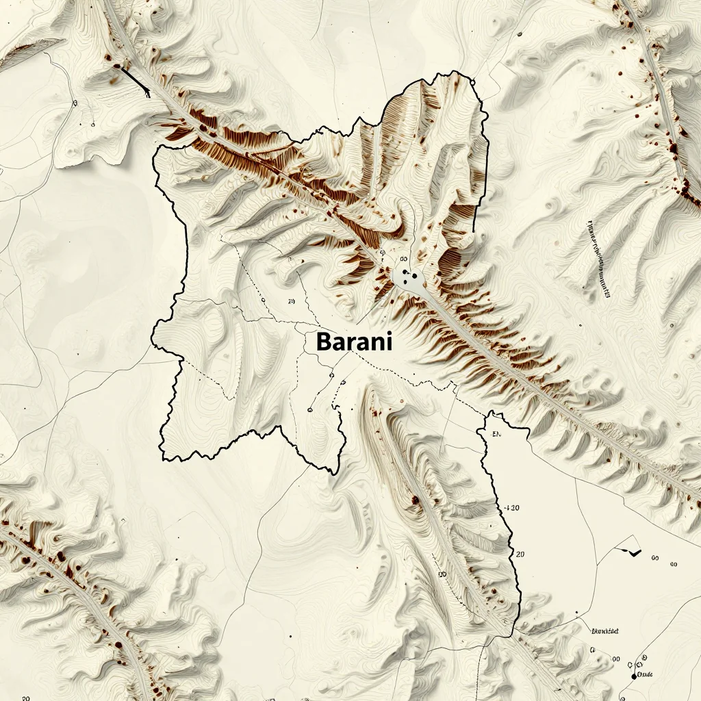 3D topographic map showing elevation contours, mountain ranges, and terrain features of Barani, Burkina Faso