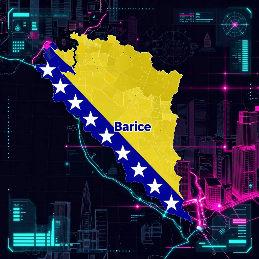 Cyberpunk style digital map of Barice, Bosnia and Herzegovina with neon grid lines and futuristic UI design