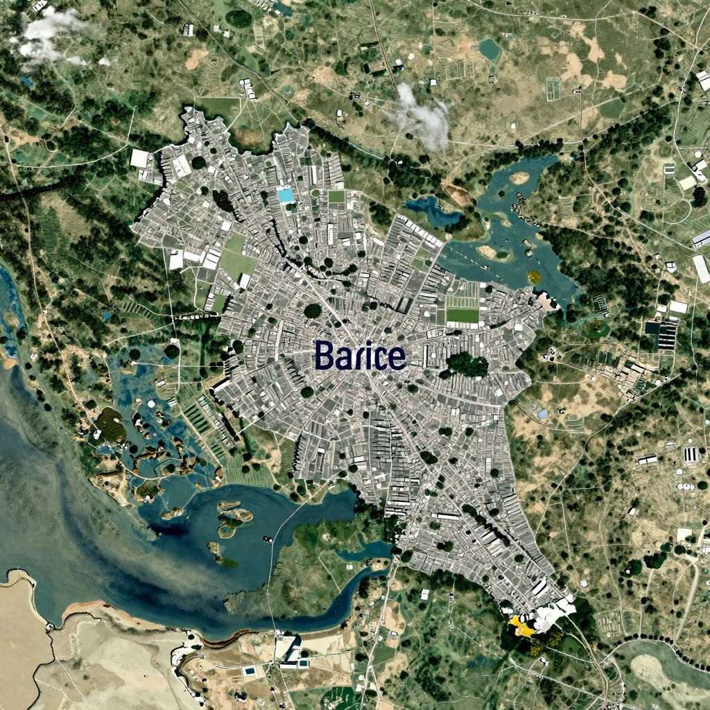 High-resolution satellite image of Barice, Bosnia and Herzegovina showing land cover, urban areas, and natural features from space