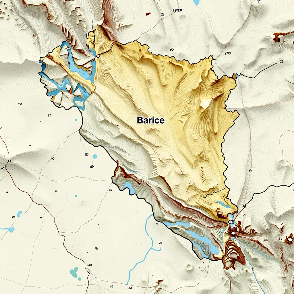 3D topographic map showing elevation contours, mountain ranges, and terrain features of Barice, Bosnia and Herzegovina