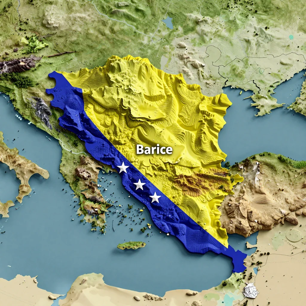 Isometric 3D topographic visualization showing elevation and terrain of Barice, Bosnia and Herzegovina