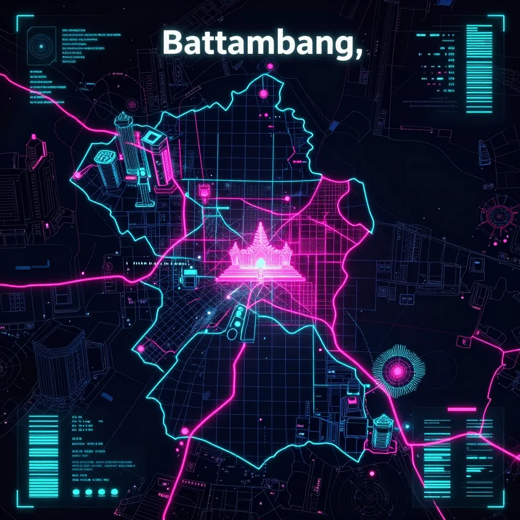 Cyberpunk style digital map of Battambang, Cambodia with neon grid lines and futuristic UI design