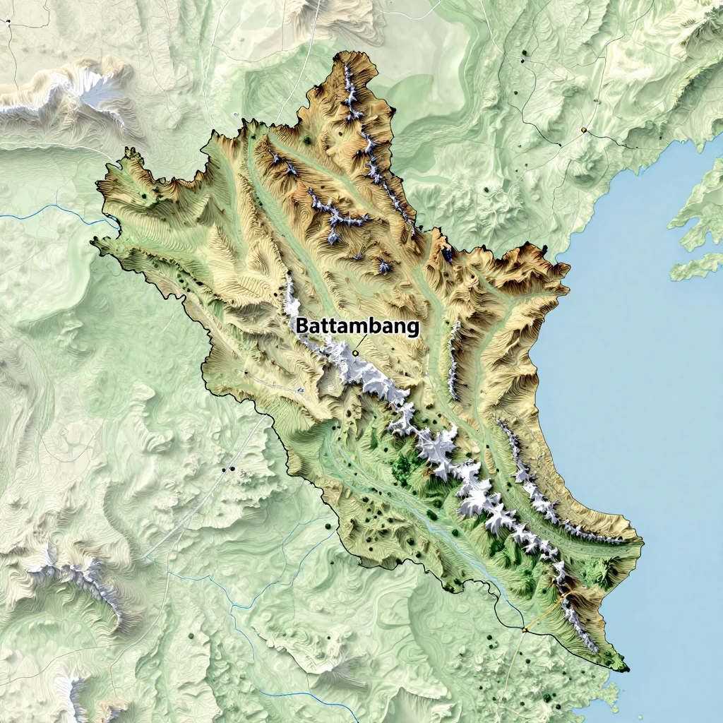 Physical geography map showing terrain, mountains, rivers, and natural features of Battambang, Cambodia