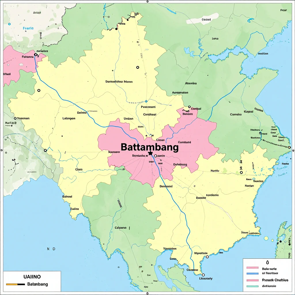 Political map showing borders, administrative divisions, major cities, and capital of Battambang, Cambodia