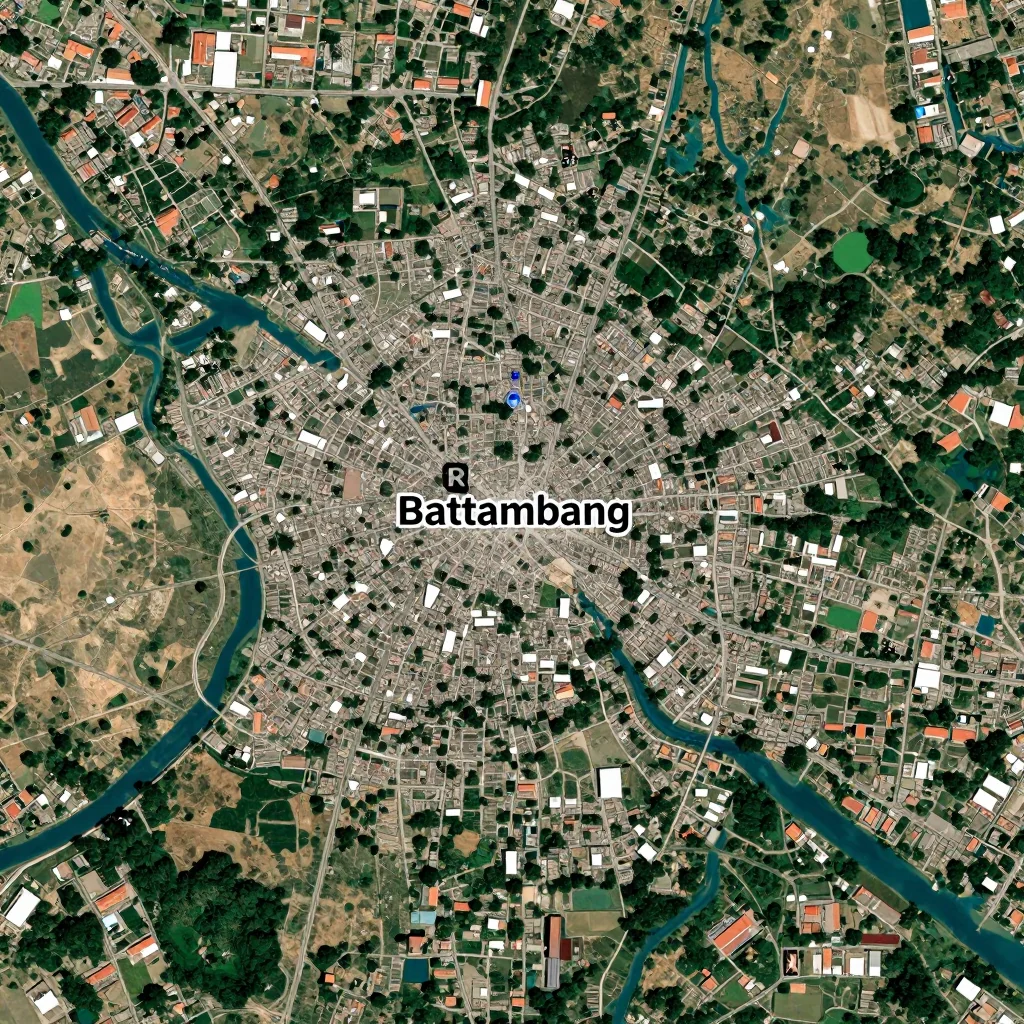 High-resolution satellite image of Battambang, Cambodia showing land cover, urban areas, and natural features from space