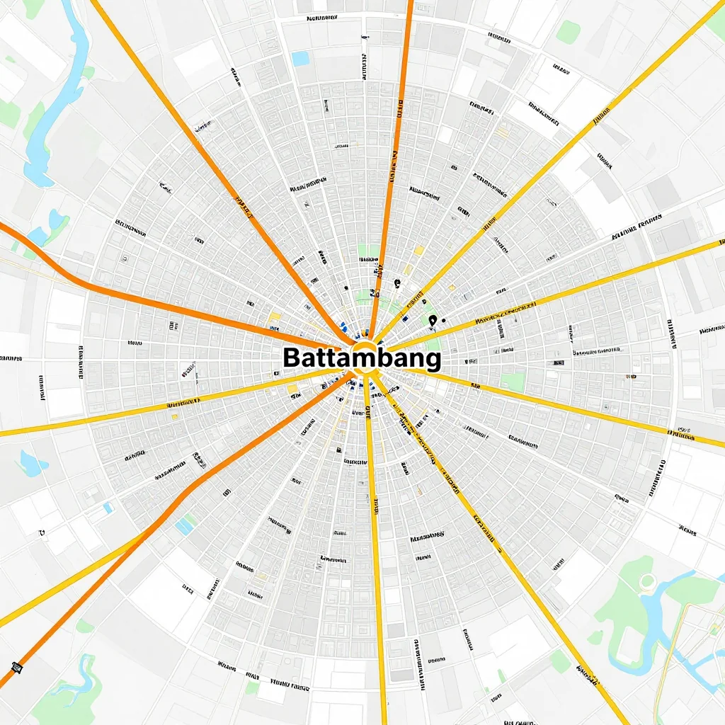 Detailed street map showing roads, highways, neighborhoods, and urban layout of Battambang, Cambodia