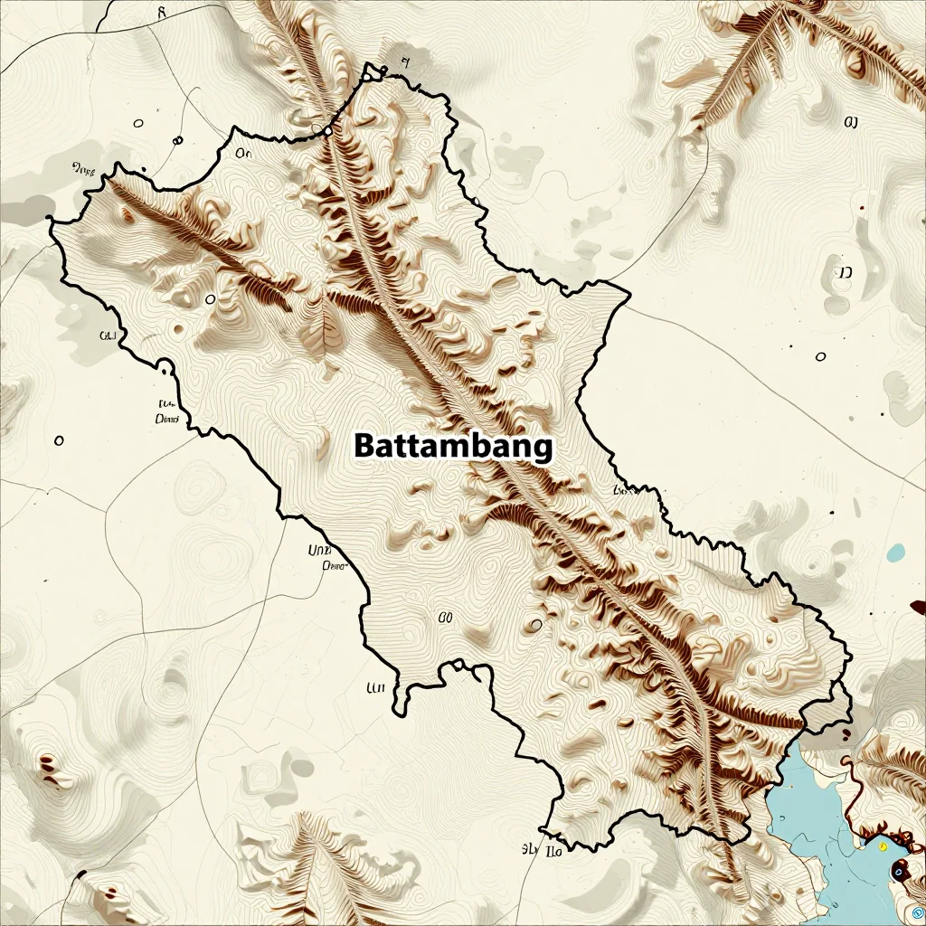 3D topographic map showing elevation contours, mountain ranges, and terrain features of Battambang, Cambodia