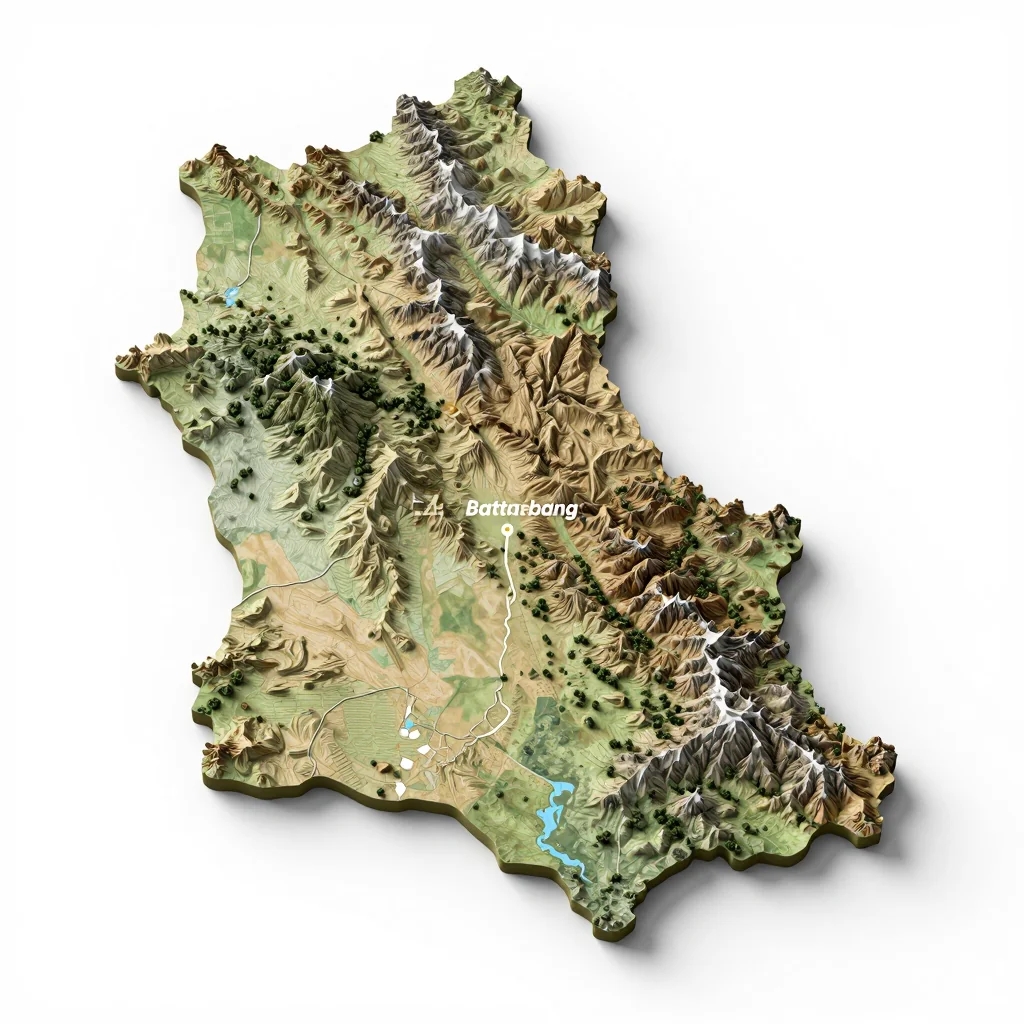 Isometric 3D topographic visualization showing elevation and terrain of Battambang, Cambodia