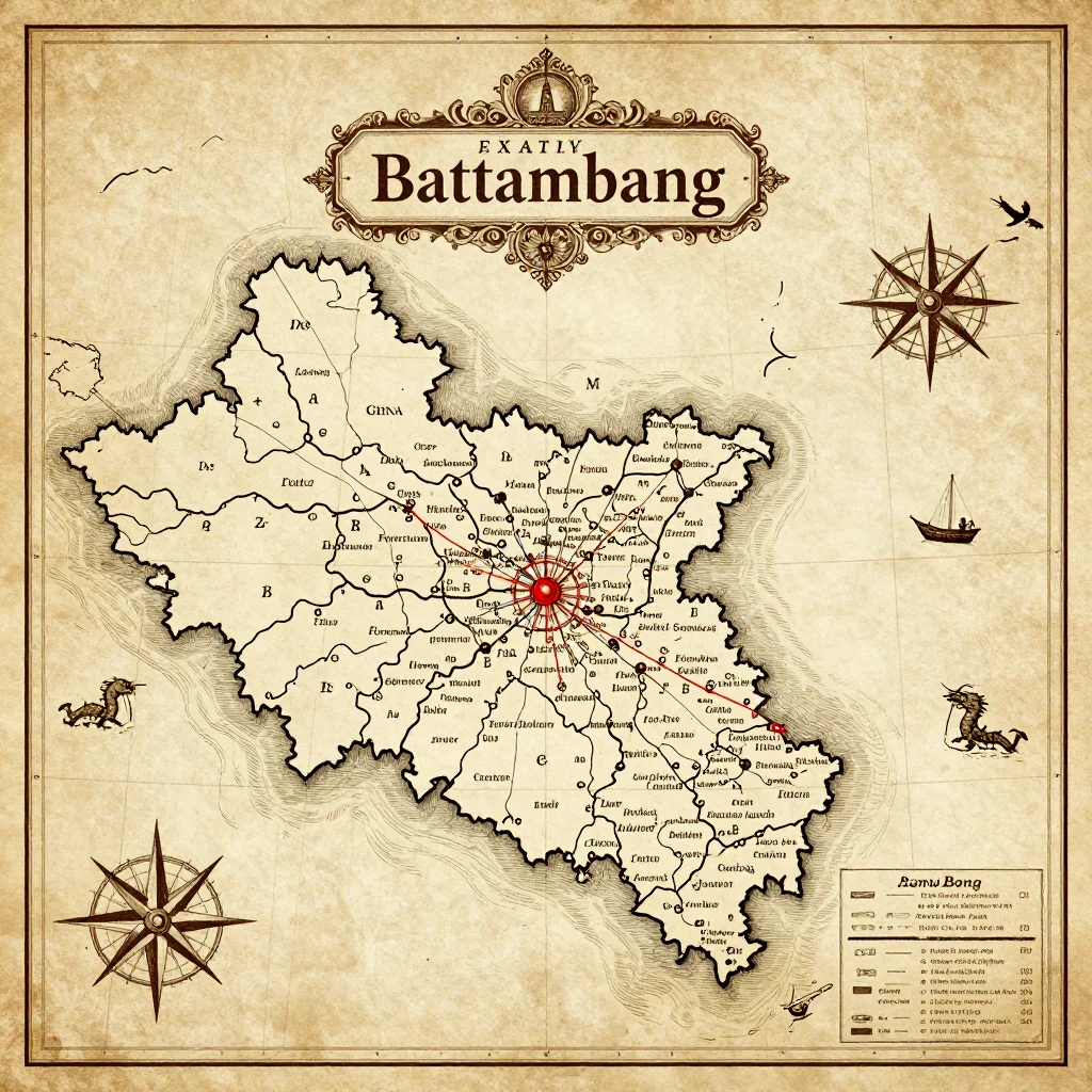 Antique vintage map of Battambang, Cambodia showing historical cartography style