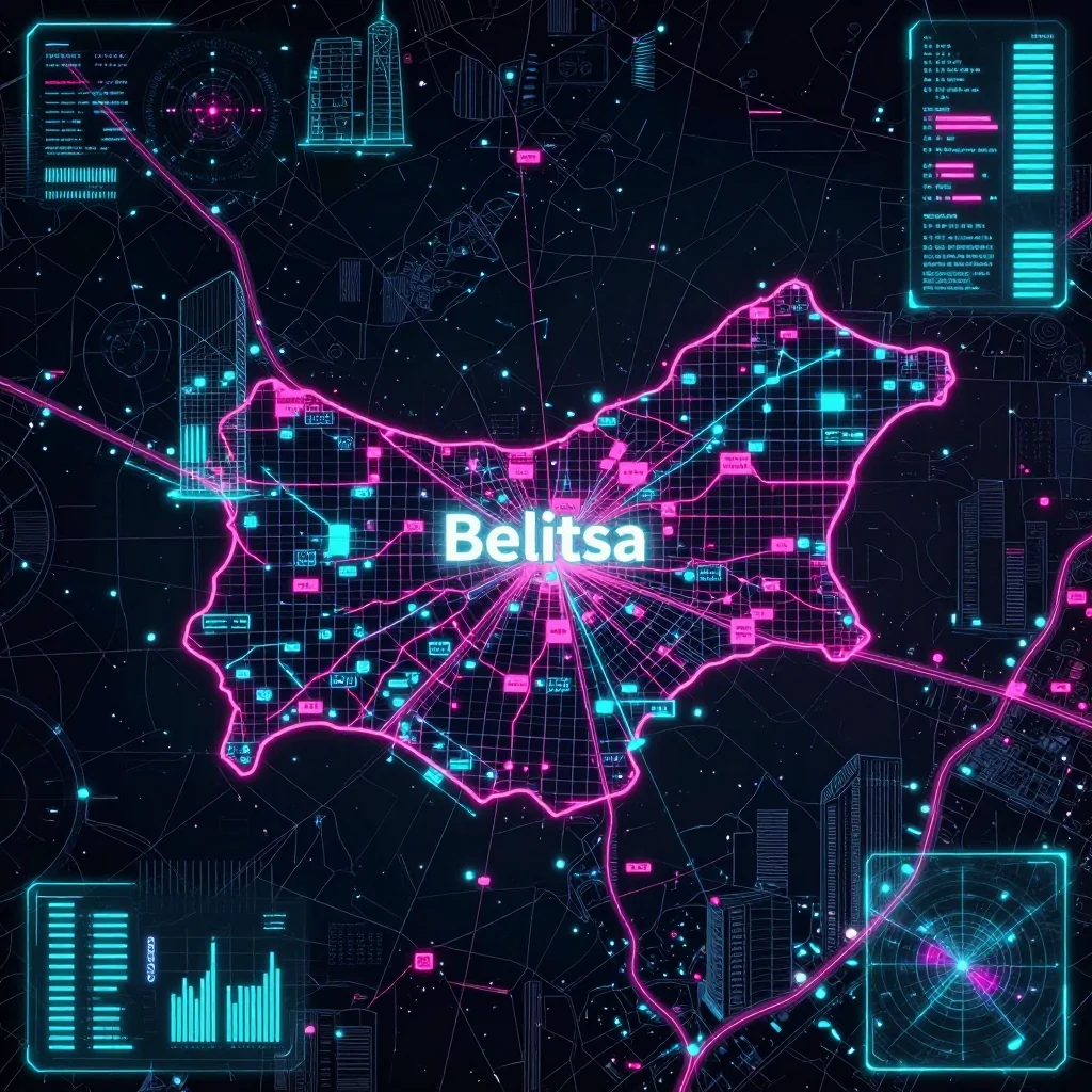Cyberpunk style digital map of Belitsa, Bulgaria with neon grid lines and futuristic UI design