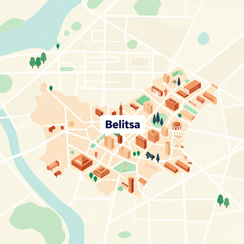 Isometric flat design tourist map of Belitsa, Bulgaria showing landmarks, attractions, and points of interest