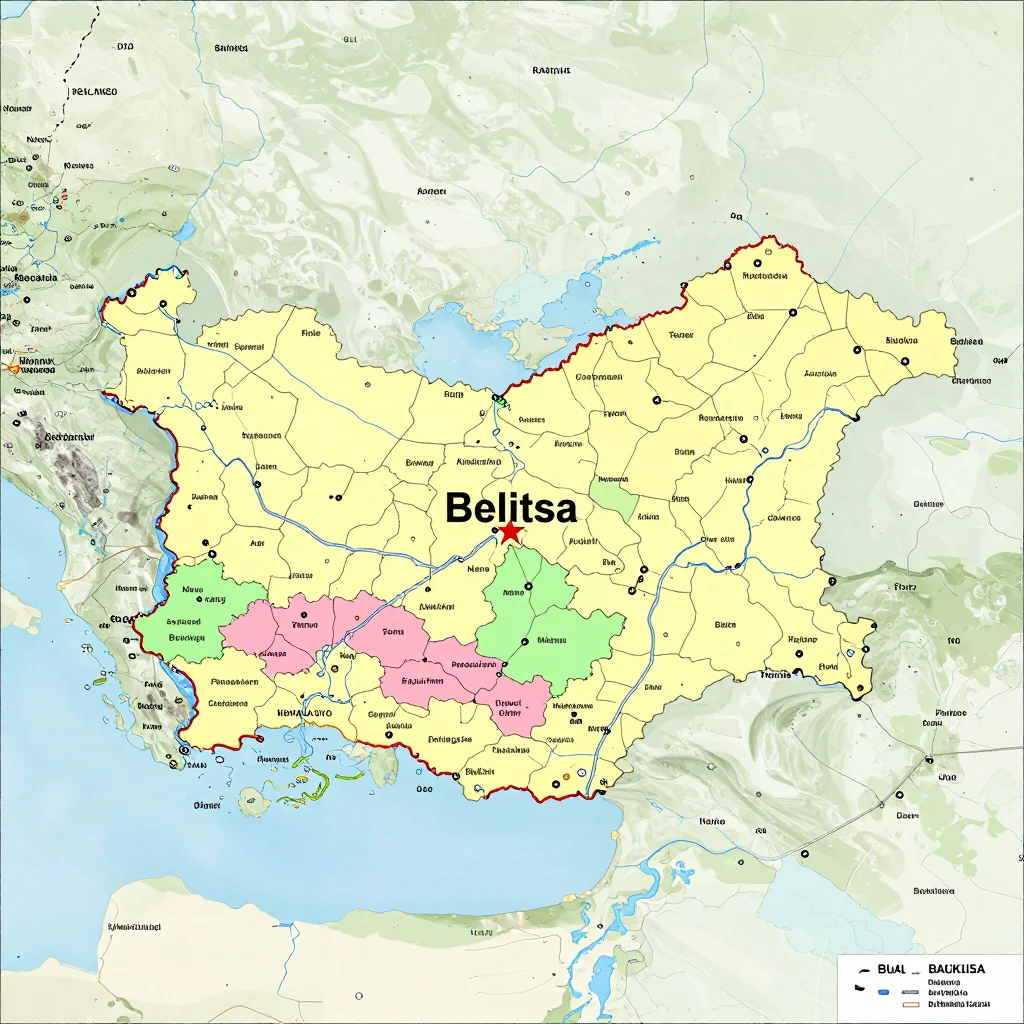 Political map showing borders, administrative divisions, major cities, and capital of Belitsa, Bulgaria