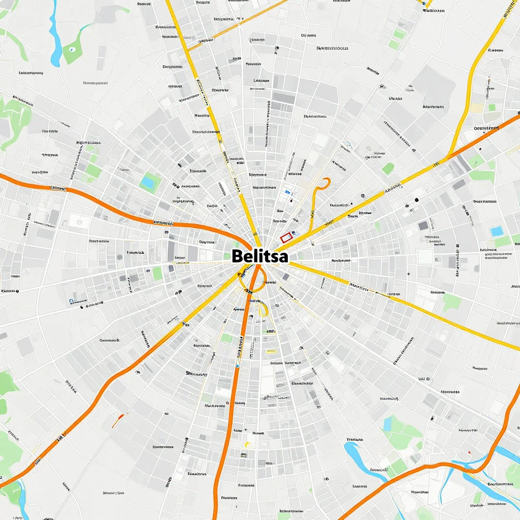 Detailed street map showing roads, highways, neighborhoods, and urban layout of Belitsa, Bulgaria