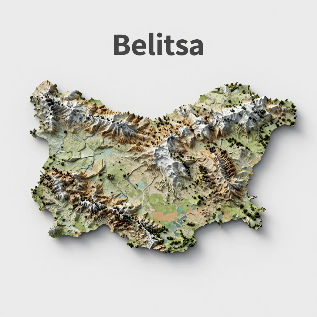 Isometric 3D topographic visualization showing elevation and terrain of Belitsa, Bulgaria