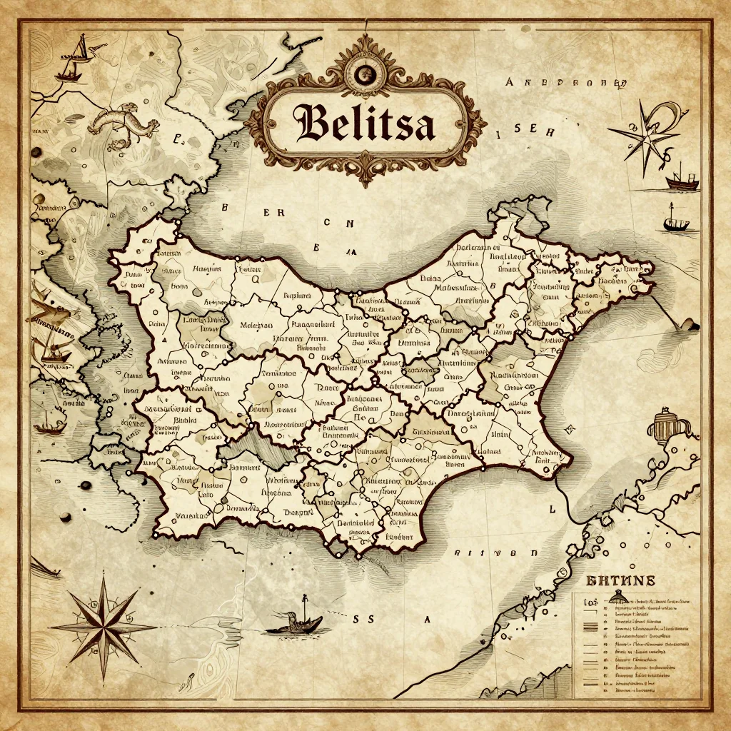 Antique vintage map of Belitsa, Bulgaria showing historical cartography style