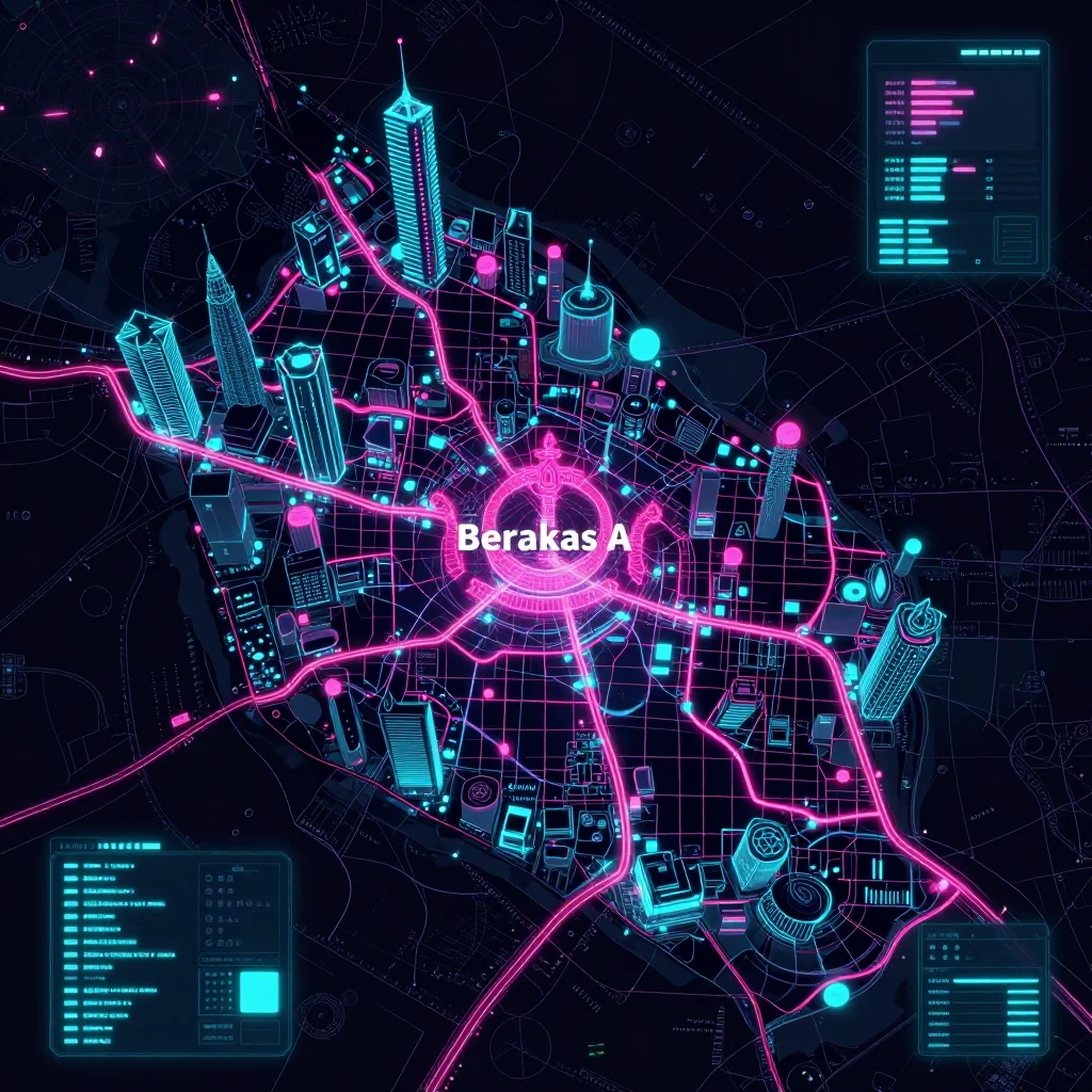 Cyberpunk style digital map of Berakas A, Brunei with neon grid lines and futuristic UI design