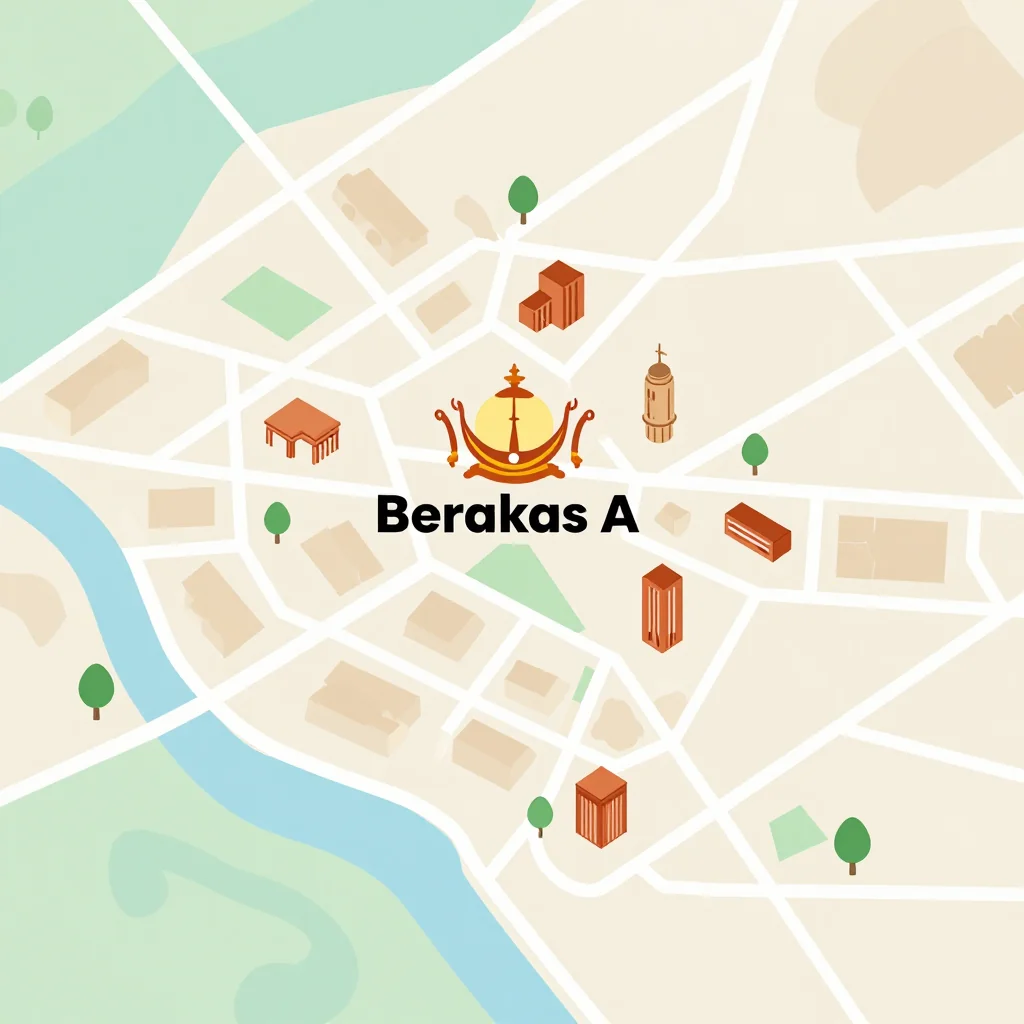 Isometric flat design tourist map of Berakas A, Brunei showing landmarks, attractions, and points of interest
