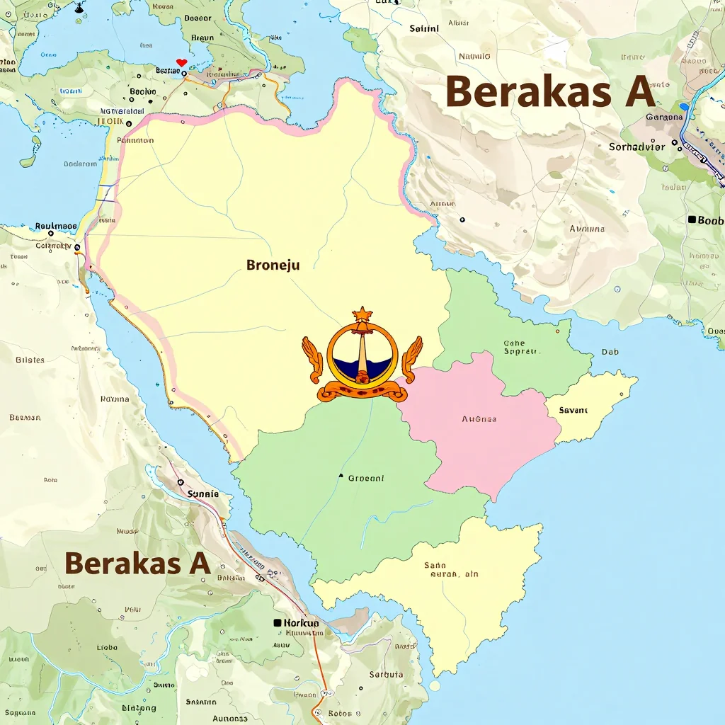 Political map showing borders, administrative divisions, major cities, and capital of Berakas A, Brunei