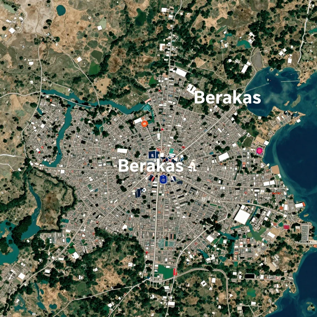 High-resolution satellite image of Berakas A, Brunei showing land cover, urban areas, and natural features from space
