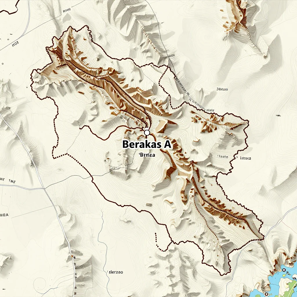3D topographic map showing elevation contours, mountain ranges, and terrain features of Berakas A, Brunei