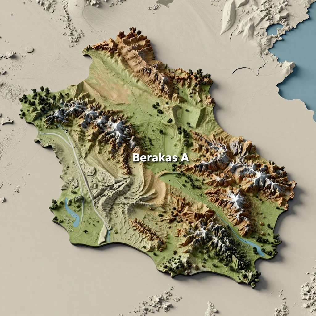Isometric 3D topographic visualization showing elevation and terrain of Berakas A, Brunei
