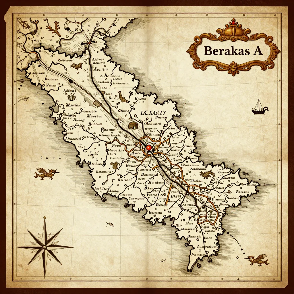 Antique vintage map of Berakas A, Brunei showing historical cartography style