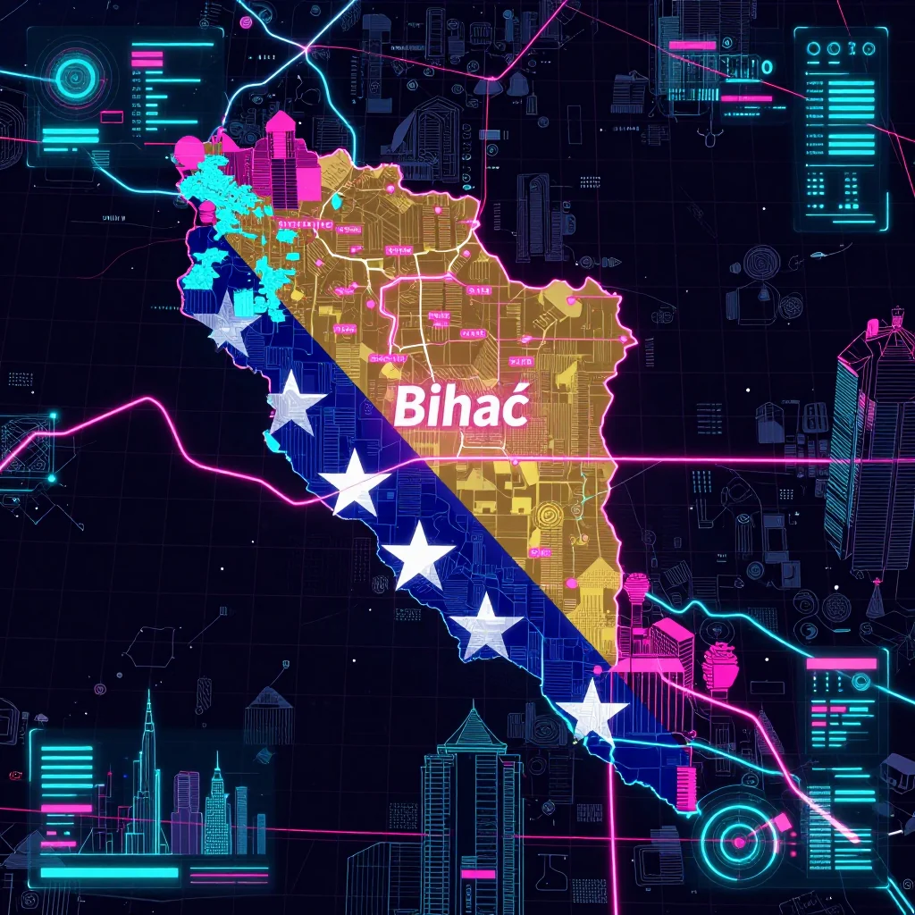 Cyberpunk style digital map of Bihać, Bosnia and Herzegovina with neon grid lines and futuristic UI design