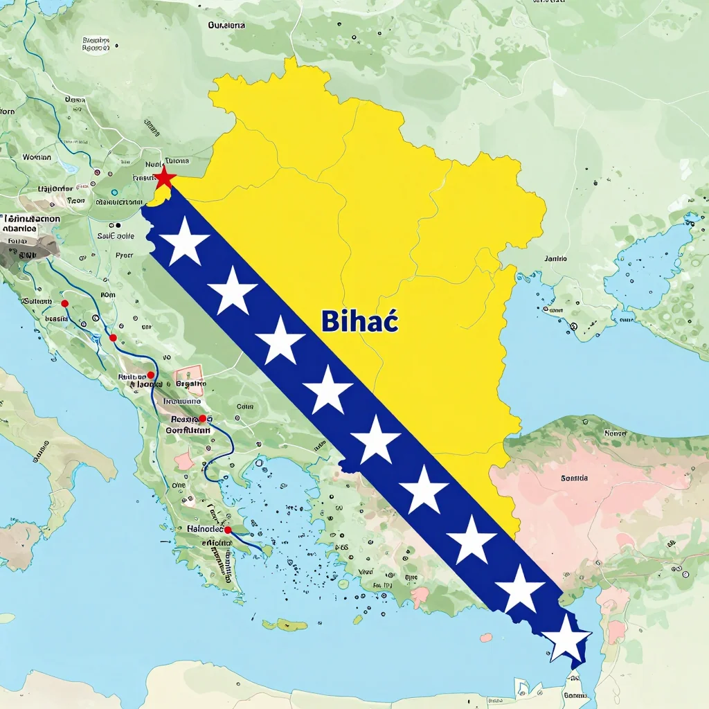 Political map showing borders, administrative divisions, major cities, and capital of Bihać, Bosnia and Herzegovina