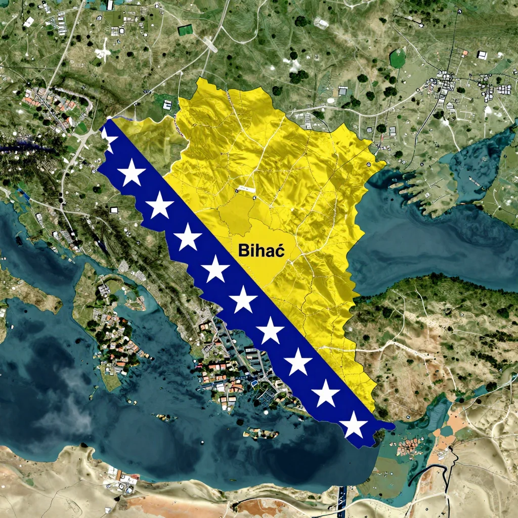 High-resolution satellite image of Bihać, Bosnia and Herzegovina showing land cover, urban areas, and natural features from space