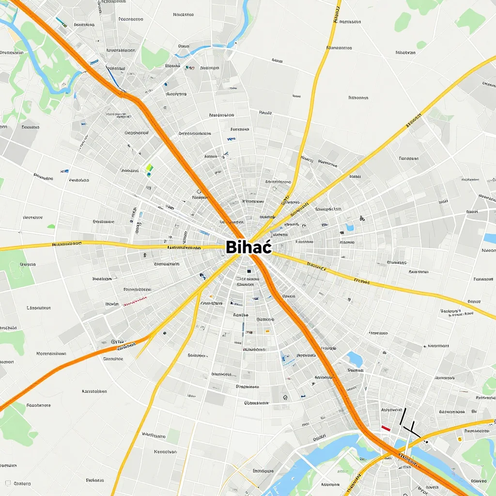 Detailed street map showing roads, highways, neighborhoods, and urban layout of Bihać, Bosnia and Herzegovina