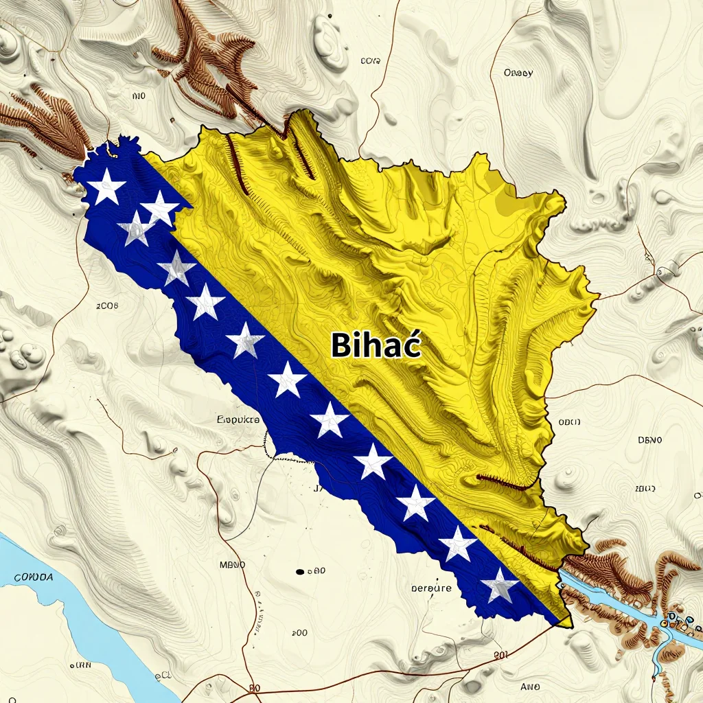 3D topographic map showing elevation contours, mountain ranges, and terrain features of Bihać, Bosnia and Herzegovina