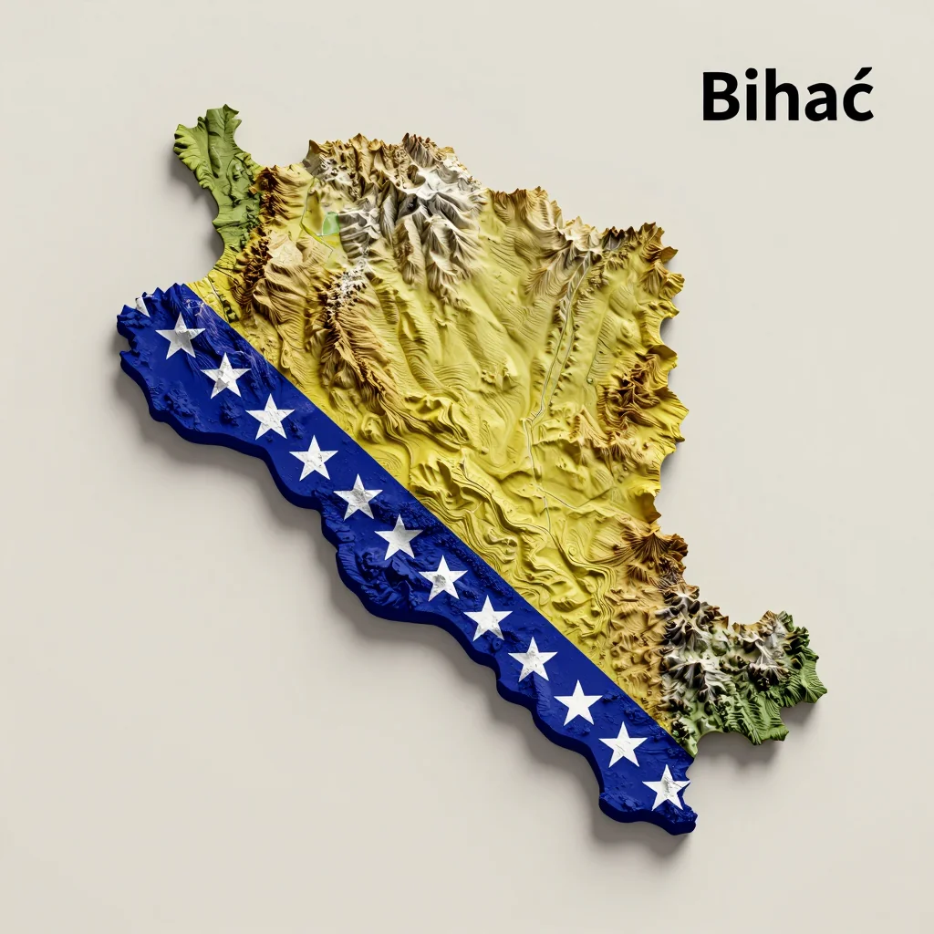 Isometric 3D topographic visualization showing elevation and terrain of Bihać, Bosnia and Herzegovina