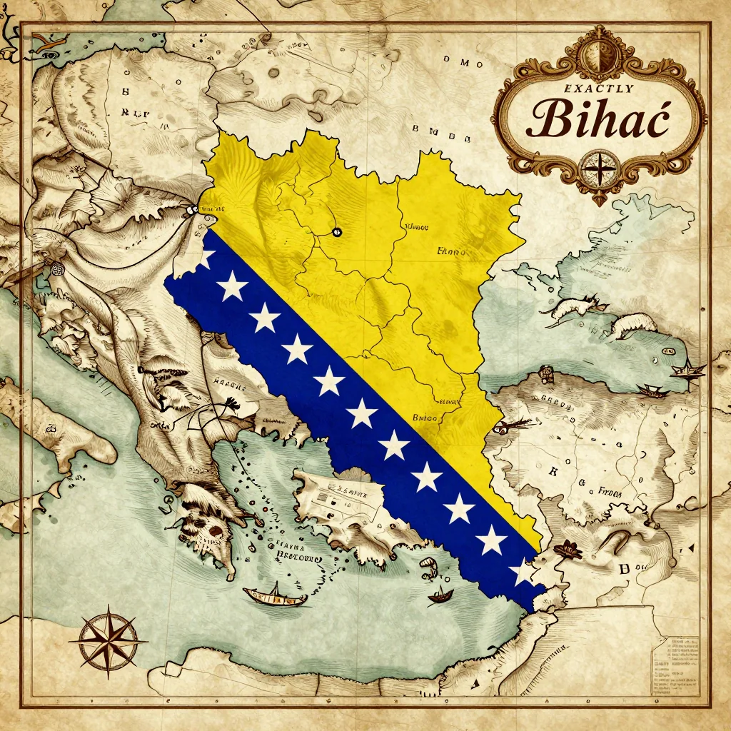 Antique vintage map of Bihać, Bosnia and Herzegovina showing historical cartography style