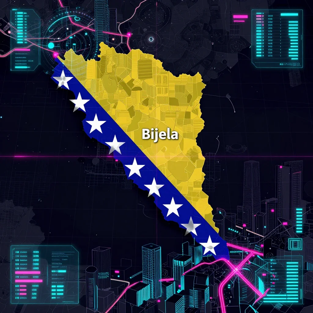 Cyberpunk style digital map of Bijela, Bosnia and Herzegovina with neon grid lines and futuristic UI design